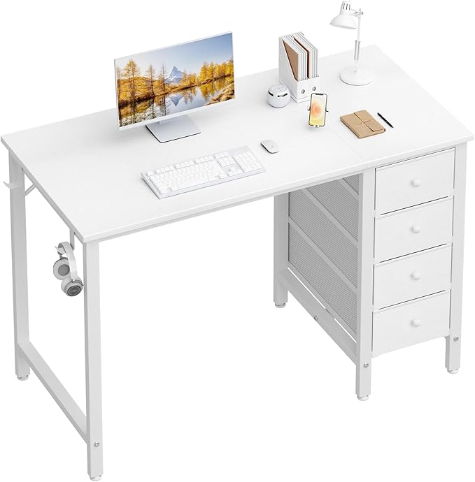 Lufeiya Small White Desk with Drawers for Bedroom, 40 Inch Kids Girls Study Desks, Reversible Computer Writing Nail Table with Fabric Drawer for Small Spaces Home Office Manicure by LUFEIYA