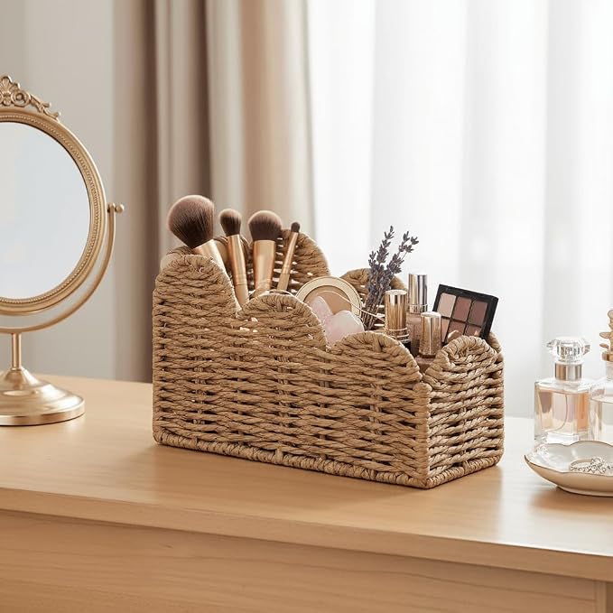 CubesLand Bedside Table Desk Organizer Caddy, Remote Pen&Pencil Holder Cup | Makeup Brush Holder w/Scalloped Perfect for Home, Office Desk, Living Room Table Decor, 3 Slots Neutral - Image 6