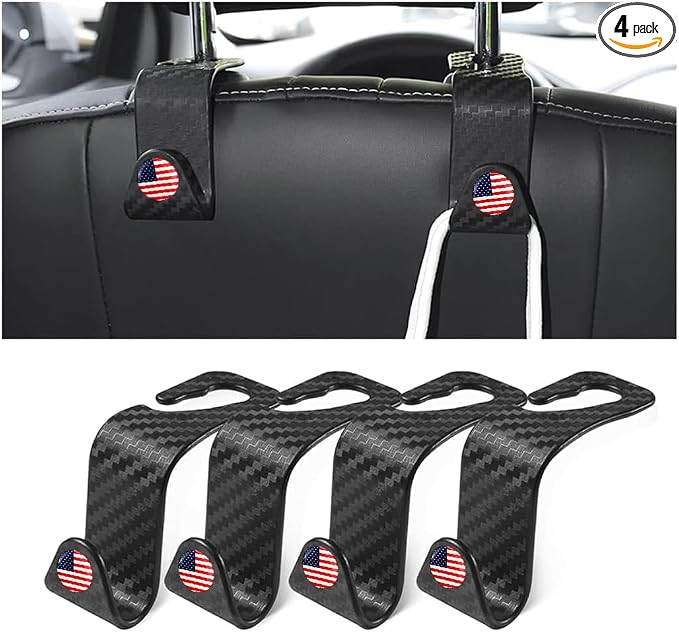 4PCS Car Seat Headrest Hooks, Auto Back Seat Hanger Holder, Durable Stylish Vehicle Organizer Universal Car Interior Accessories, Storage Hooks for Purses, Bags, Clothes, Coats (Carbon Fiber/Red Flag) by Hanemia