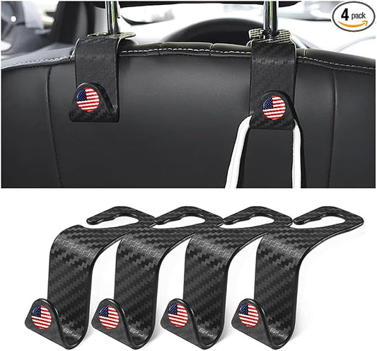 4PCS Car Seat Headrest Hooks, Auto Back Seat Hanger Holder, Durable Stylish Vehicle Organizer Universal Car Interior Accessories, Storage Hooks for Purses, Bags, Clothes, Coats (Carbon Fiber/Red Flag) by Hanemia