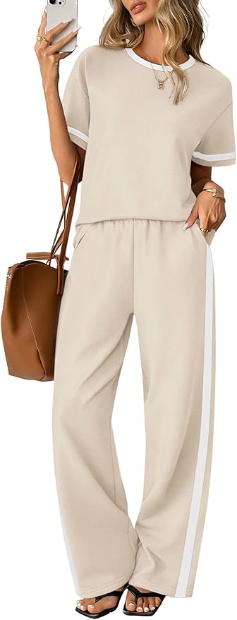 Sampeel 2 Piece Sets for Women Matching Sets Summer Outfits Resort Wear Short Sleeve Lounge Set Wide Leg Pants with Pockets by SAMPEEL