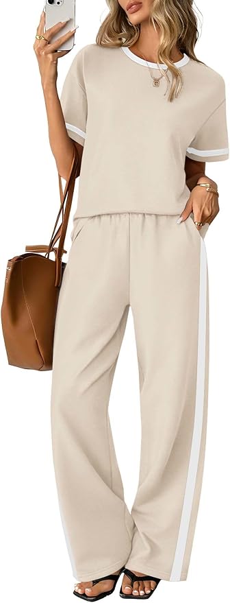 Sampeel 2 Piece Sets for Women Matching Sets Summer Outfits Resort Wear Short Sleeve Lounge Set Wide Leg Pants with Pockets by SAMPEEL