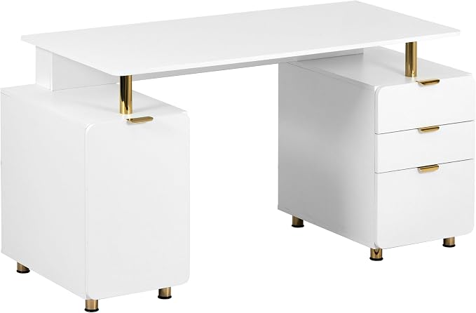 Techni Mobili 57"W Computer Desk w/ 3 Drawers & Storage Cabinet, White/Gold | Home office workstation, durable construction, everyday productivity, Ideal for home office, Workspace organization by TechniMobili