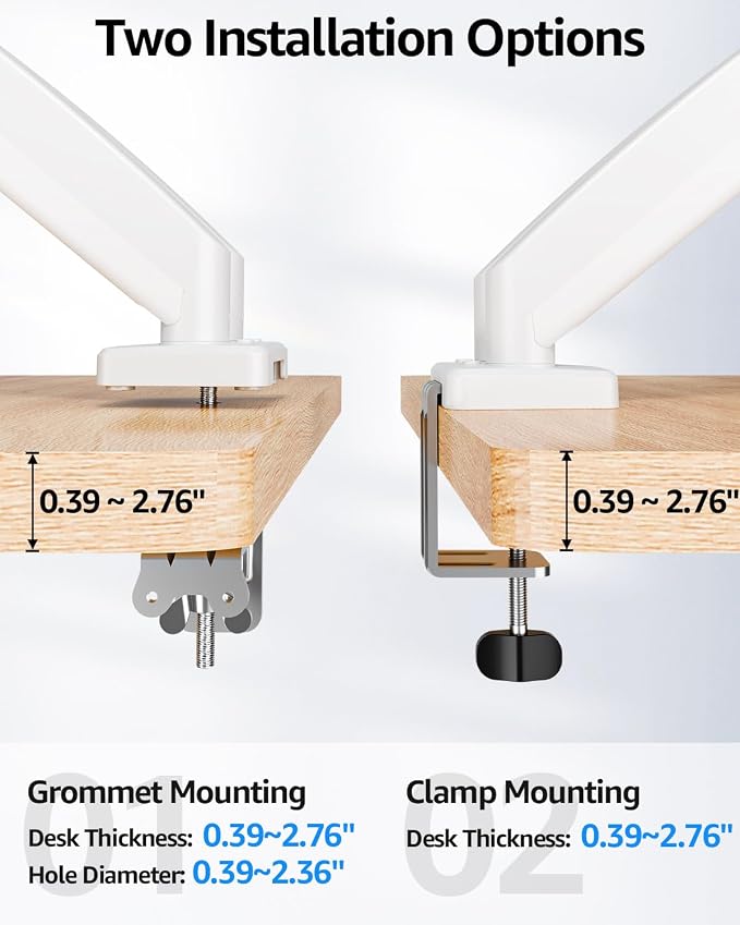 Dual Monitor Arm Desk Mount Fits 13 to 32 inch Computer Screens, Holds 4.4 to 19.8lbs Display VESA Mount, Adjustable Double Monitor Stand with Clamp/Grommet Base, 75/100mm Bracket, White, Freelift - Image 6
