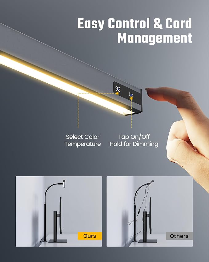 SUPERDANNY LED Desk Lamp for Office Home, Eye-Caring Desk Light with Adjustable Gooseneck, 12W Touch Control Dimmable Brightness, Architect Clamp Lamp with USB Adapter, Grey - Image 3