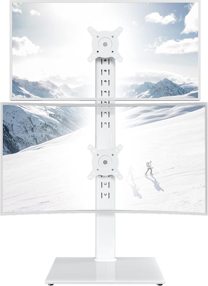 Dual Monitor Stand - Vertical Stack Screen Free-Standing Monitor Riser Fits Two 13 to 34 Inch Screen with Swivel, Tilt, Height Adjustable, Holds One (1) Screen up to 44Lbs HT05W-002 White by HEMUDU