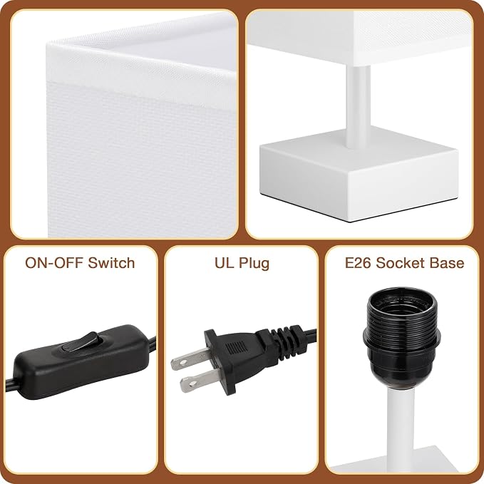 aooshine White Small Bedside Lamp for Bedroom - Square White Fabric Shade | Inline Rocker Switch, Corded Electric, Bulb Not Included, 12.8" Mini Table Lamp for Nightstand, Desk, Dorm, Office - Image 6