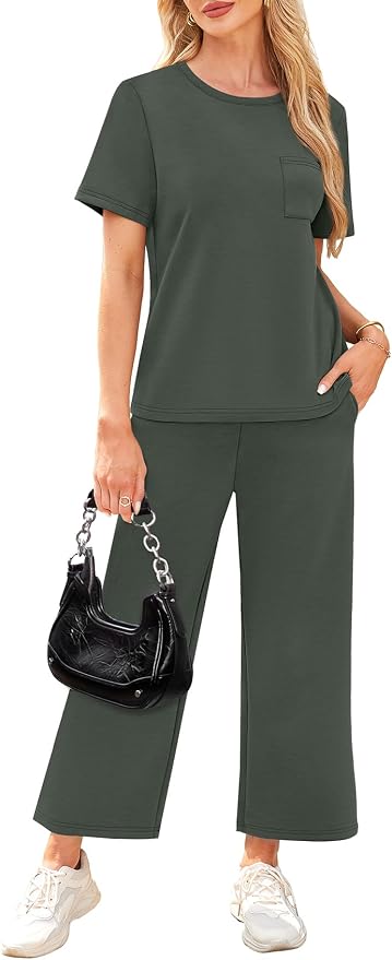 WIHOLL 2 Piece Sets for Women Casual Summer Travel Vacation Outfits Short Sleeve Wide Leg Crop Pants Lounge Sets - Image 4
