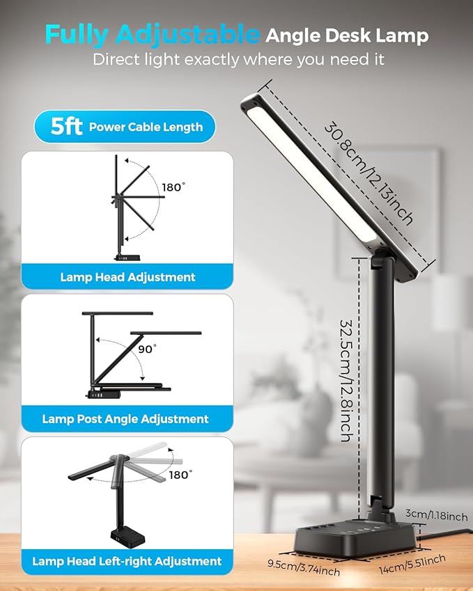 LED Desk Lamp with Power Strip, 3 AC Outlets, 4 USB Ports, Stepless Dimming | 2800K-6500K Color, 2 USB-C, Foldable Design, Timer & Memory, Study, Home Office & College Dorm - Image 4