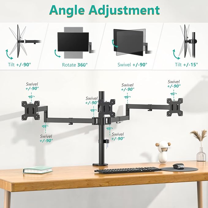 WALI Triple Monitor Mount, 3 Monitor Desk Mount for 13-27 inch Computer Screens, Holds up to 22 lbs, Triple Monitors Stand for Desk, with Tilt, Swivel, Rotation, VESA 75/100mm (M003S), Black - Image 4