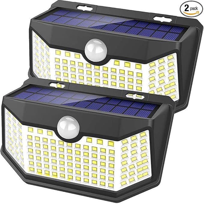 HMCITY Solar Lights Outdoor 120 LED with 3 Lighting Modes, Motion Sensor Wall Lights,IP65 Waterproof Solar Powered for Garden Patio Yard (Back Button 2Packs, Black Shell-Daylight White) by LightingUpYourLife