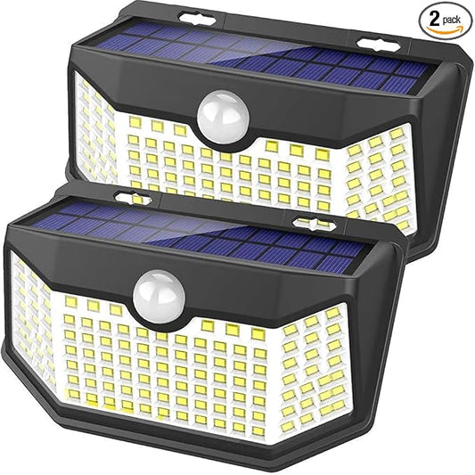 HMCITY Solar Lights Outdoor 120 LED with 3 Lighting Modes, Motion Sensor Wall Lights,IP65 Waterproof Solar Powered for Garden Patio Yard (Back Button 2Packs, Black Shell-Daylight White) by LightingUpYourLife