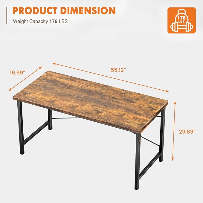 Sweetcrispy Small Computer Desk, 55" Office Writing Desk with Metal Frame & Wooden Tabletop, X-Shaped Reinforcement, Student Study Home Bedroom Table, Brown - Image 3