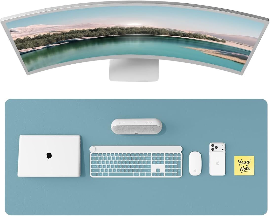 YSAGi Leather Desk Pad Protector, Office Desk Mat, Large Mouse Pad, Non-Slip PU Leather Desk Blotter, Laptop Desk Pad, Waterproof Desk Writing Pad for Office and Home (Aquamarine, 47" x 17") by YSAGi