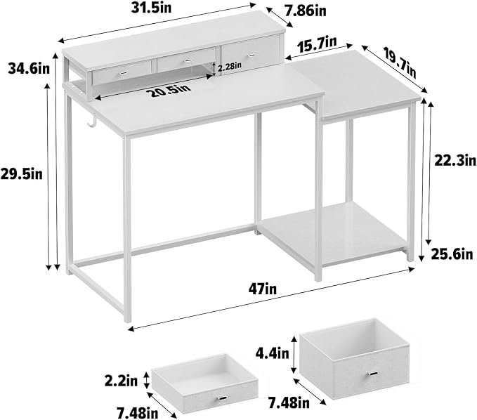 SINPAID 47 inch Computer Desk with Printer Shelf, Gaming Desk with Monitor Stand and Drawers, Reversible Home Office Desk with Storage Shelves and 2 Hooks, Home Workstation for Study Writing, White - Image 2