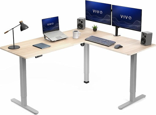 VIVO Light Wood 63 x 55 in Corner Standing Desk, DESK-E3CTGC | Electric, Reversible L-Shaped Table, Sit Stand, Height Adjustable, Memory Controller, Office Furniture Sets, Gray Frame by Unknown