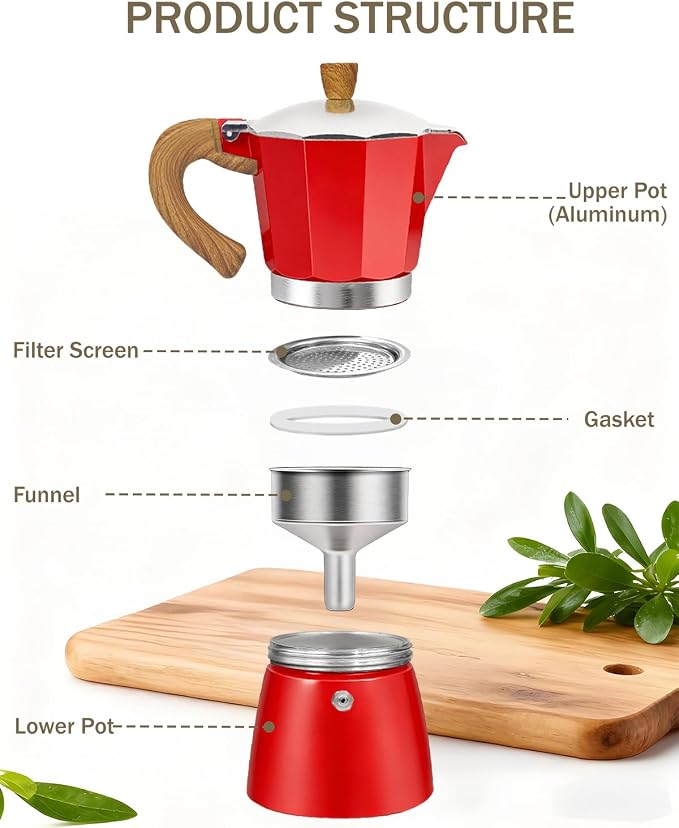 Coffee Maker Stovetop Espresso Maker 6 Cup Aluminum Moka Pot Percolator 10oz 300ml Easy Brewing for Electric Ceramic Stoves Home Camping Italian Cuban Café Classic Red - Image 8