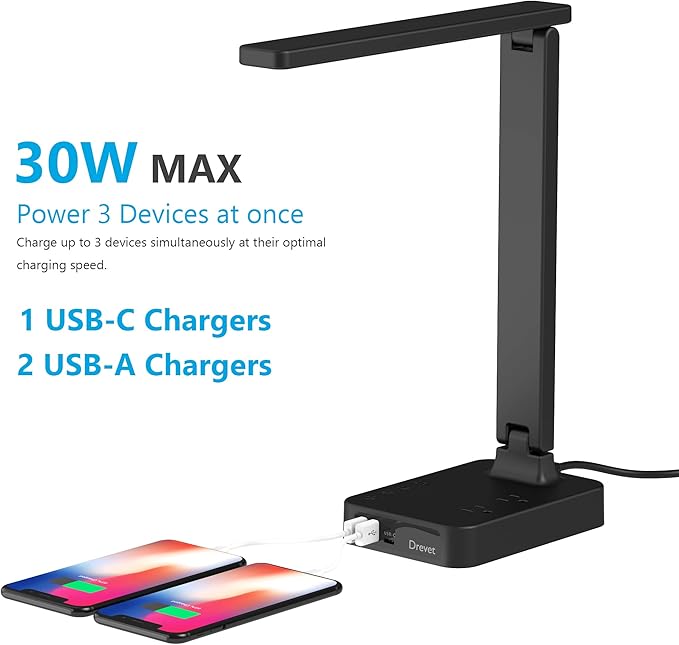 Drevet LED Desk lamp with USB C Charging Port, Table Light with 3 USB Charger and 2 AC Power Outlet, 3 Color Model, 3 Level Brightness, Touch Control, Memory Function, Eye-Caring Office Foldable Lamp - Image 4