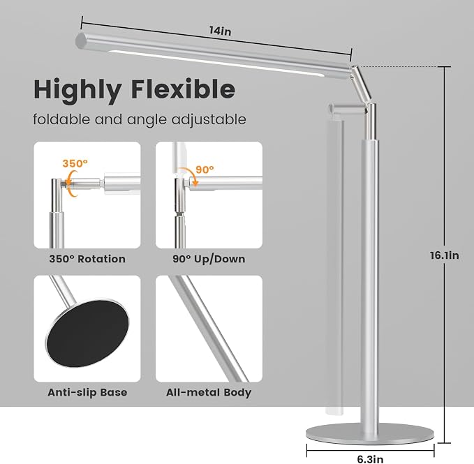 SIBRILLE Silver LED Desk Lamp, 16" Dimmable Metal Desk Light with Base, 15W 1200LM, Adapter Included, Color & Brightness Adjustable, Modern Tall Table Lamp for Home Office Reading Study Task Laptop - Image 4