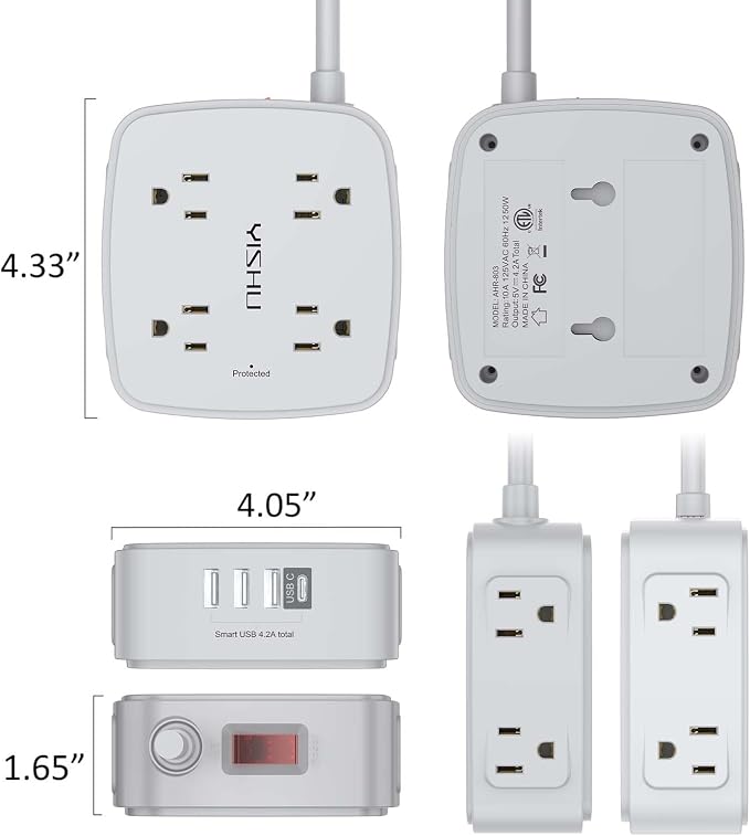 6 Ft Surge Protector Power Strip - 8 Widely Outlets with 4 USB Ports, 3 Side Outlet Extender with 6 Feet Extension Cord, Flat Plug, Wall Mount, Desk USB Charging Station, ETL, Grey - Image 7