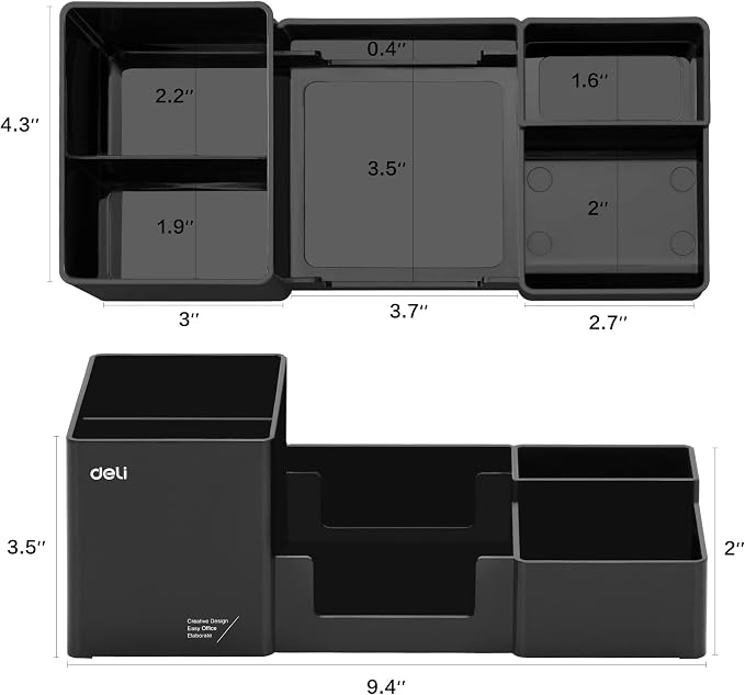 deli Desk Organizer, Plastic Desktop Organizer with Pencil Holder and Sticky Note Tray, Office Stationery Supplies Organizers Accessories Caddy, 6 Compartments, Black - Image 7