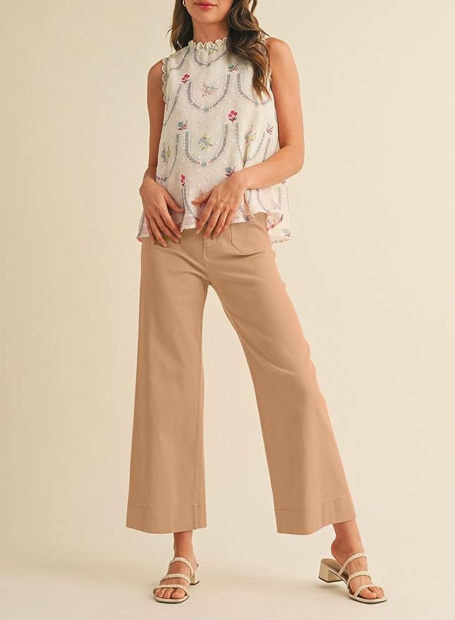 miduo Womens High Waisted Cropped Wide Leg Stretchy Straight Pants Trousers with Pockets - Image 2