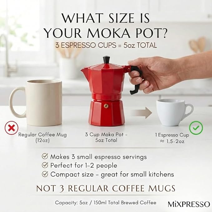 Mixpresso 3 Cup Moka Pot Stovetop Espresso Maker, Italian Cuban Coffee Pot | 5oz aluminum Italian coffee maker for gas and electric stovetops, small design for traditional espresso-style coffee at home - Image 2