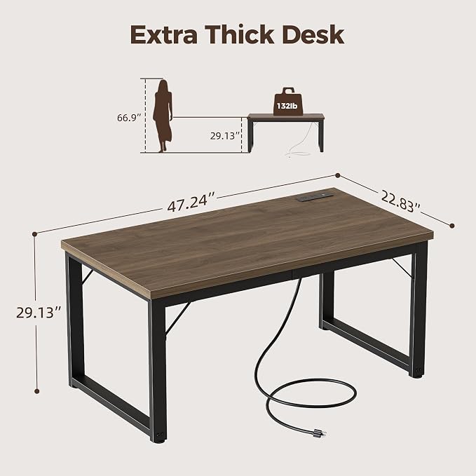 Mericonia 48 Inch Computer Desk with Power Outlets, 1.2" Thick Office Table | Modern Simple Style, Heavy Duty Industrial Frame, Small Study & Writing Table for Home Bedroom Work, Walnut - Image 2