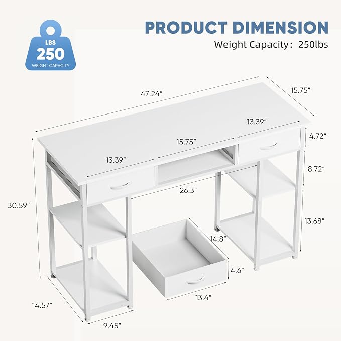 DUMOS 48-Inch Computer Desk with Drawers, Hook and Side Bag, White | Home Office Desk for Bedroom, Gaming Writing Study Desk with Adjustable Feet - Image 3