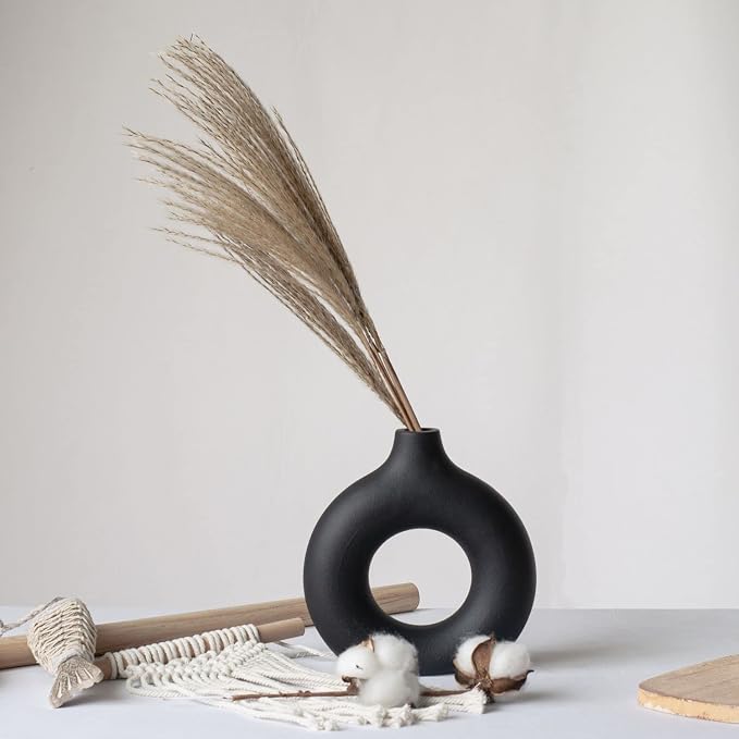CEMABT Donut Vase Black Hollow Ceramic Vase for Flowers Handmade Minimalist Boho Style Decor for Wedding Dinner Table Party Living Room Office Bedroom - Image 5