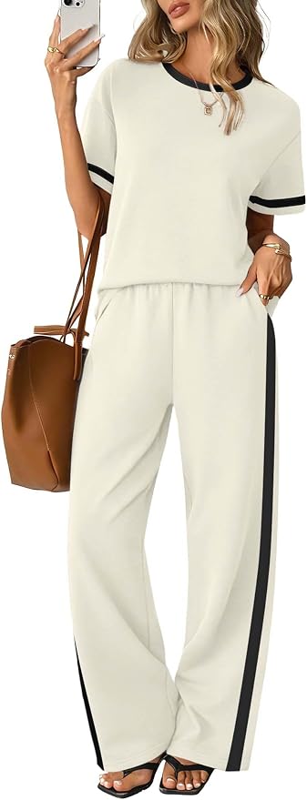 Sampeel 2 Piece Sets for Women Matching Sets Summer Outfits Resort Wear Short Sleeve Lounge Set Wide Leg Pants with Pockets by SAMPEEL