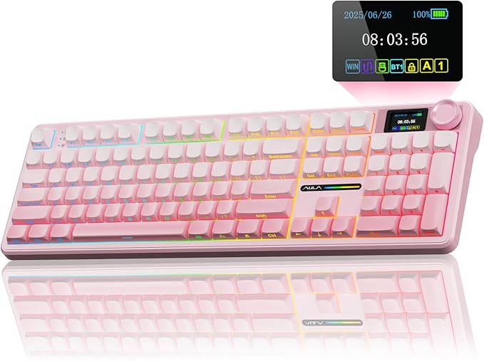 AULA F108 PRO - Wireless Mechanical Keyboard with Screen & Knob,Full Size Keyboard with 8000mAh Battery,Pre-lubed Switches,Side Printed PBT Keycaps,RGB Backlit Hot Swappable Custom Pink Keyboards by AULA