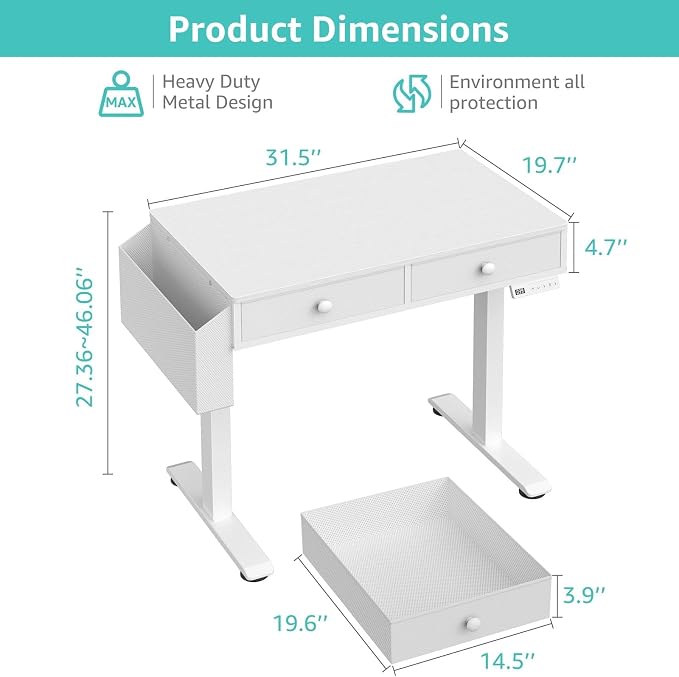 KLUVIS Electric Standing Desk with Drawers, 32 Inch White Small Height Adjustable Sit Stand Desk with Storage for Small Space Home Office Bedroom, Study Writing Stand up Computer Desks for Girls Work - Image 3