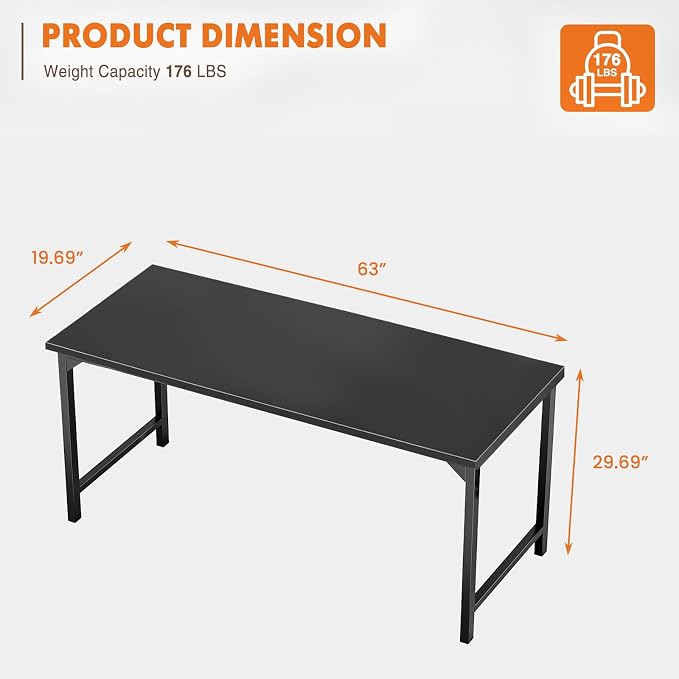 Sweetcrispy 63-Inch Small Computer Desk for Bedroom, Black | Gaming Writing Work and Study Desk for Home Office, Sturdy Metal Frame and Compact Modern Design with X-Shaped - Image 3