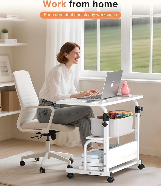 QZMDSM Portable Desk with Wheels Small Standing Desk on Wheels Adjustable Height Rolling Desks for Small Spaces, 32" Computer Desks with Storage Shelves for Home Office Study White - Image 2