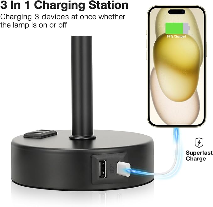 Fenmzee Grey Touch Bedside Lamp for Bedroom - 3 Way Dimmable Table Lamp USB C Charging Ports and AC Outlet, Small Desk Lamp for Living Room, Office, LED Bulb Included - Image 3