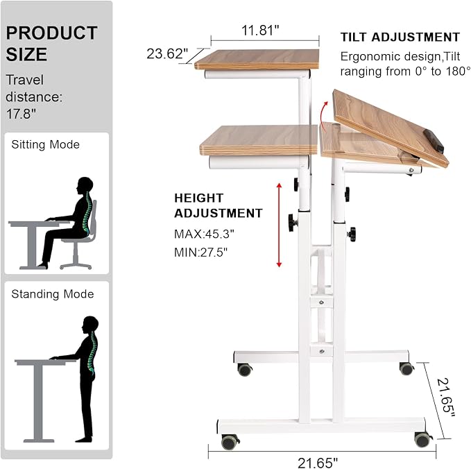 Hadulcet Mobile Standing Desk with Charging Station, Adjustable Standing Computer Desk, Standing Adjustable Laptop Cart with Wheels for Home Office Classroom Vintage Oak - Image 2