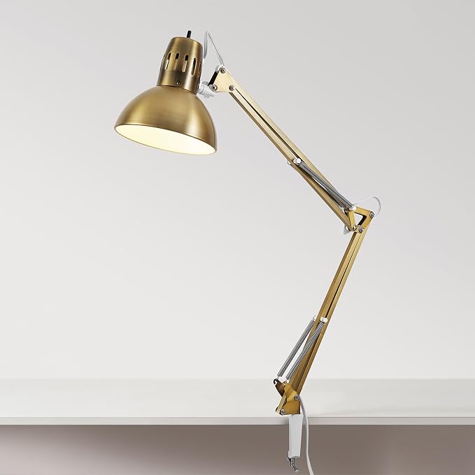 Globe Electric 62000010 32" Multi-Joint Desk Lamp with Metal Clamp, Matte Brass, White Accents, On/Off Rotary Switch on Shade, Partially Adjustable Swing Arm, Home Décor, Office Accessory - Image 6