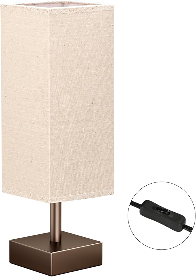 aooshine Browm Small Bedside Lamp for Bedroom - Square Beige Fabric Shade | Inline Rocker Switch, Corded Electric, Bulb Not Included, 12.8" Mini Table Lamp for Nightstand, Desk, Dorm, Office - Image 2