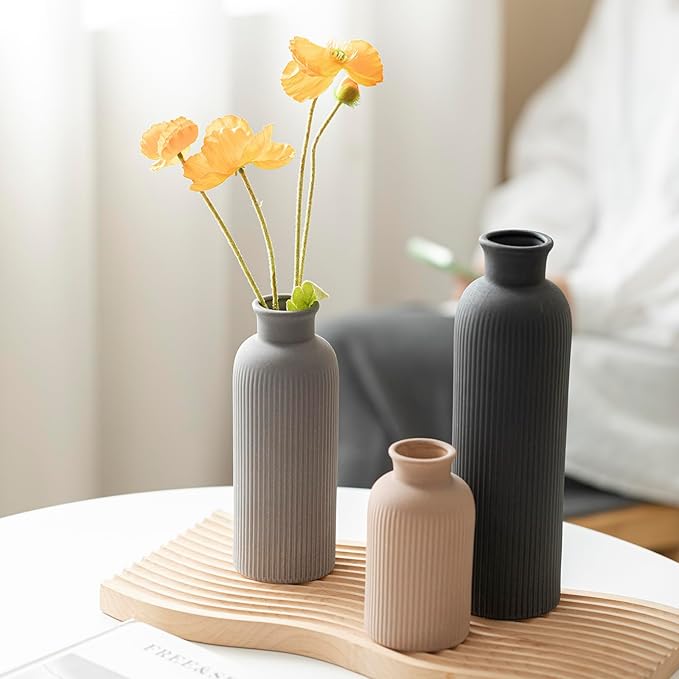 Modern Ceramic Vase Set, Black Ribbed Matte Design, 3-Piece Decorative Vases for Home, Living Room, Office (Black Mix) - Image 5