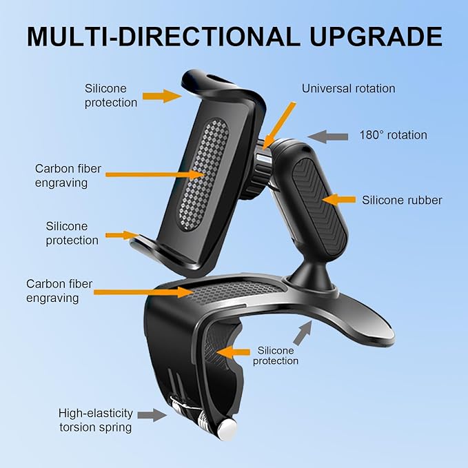 Car Phone Holder Mount, 360 Degree Rotation Car Dashboard Phone Holder, Universal Anti-Shake Dash Steering Wheel Cellphone Clamp Mount Stand for 4-7 Inch Smartphones (Black) - Image 6