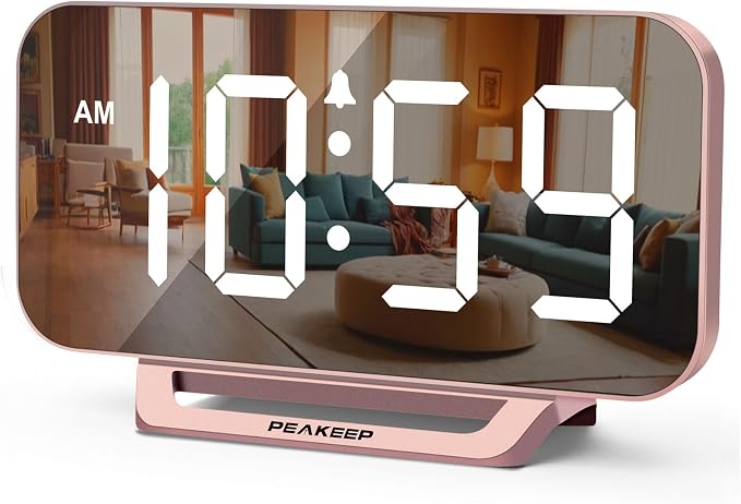 Peakeep Slim Digital Mirror Aesthetic Alarm Clock for Bedrooms Desk Decor | Plug in Electric Big LED Modern Small Clock for Office Living Room, Battery Backup, 6 Dimmers (Rose Gold) by PEAKEEP