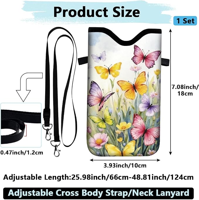 Phone Crossbody Sleeve Butterfly Phone Pouch Wildflowers Neoprene Nylon Waterproof Phone Bag Case with Strap Neck Lanyard Protective Carrying Cover Fits Most Smartphones 7.1 x 3.9 Inch - Image 2
