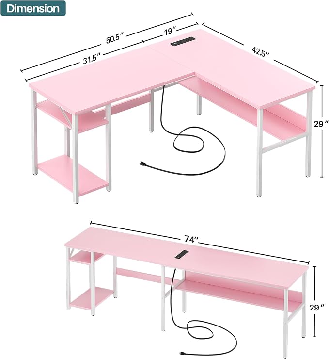 Unikito Reversible L Shaped Desk with Magic Power Outlets and USB Charging Ports, Sturdy Corner Computer Desk with Storage Shelves, Gaming Table Home Office Desk, Easy to Assemble, Pink - Image 3