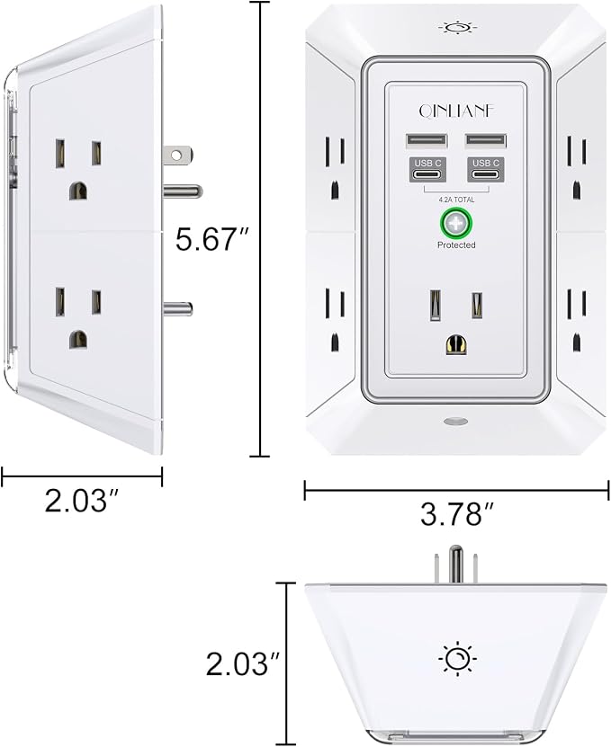 3-Sided Outlet Extender with Night Light - QINLIANF Multi Plug Outlet with 5 Outlets and 4 USB Ports(2 USB-C), USB Wall Charger for Home, Office, Travel, ETL Listed, White - Image 7