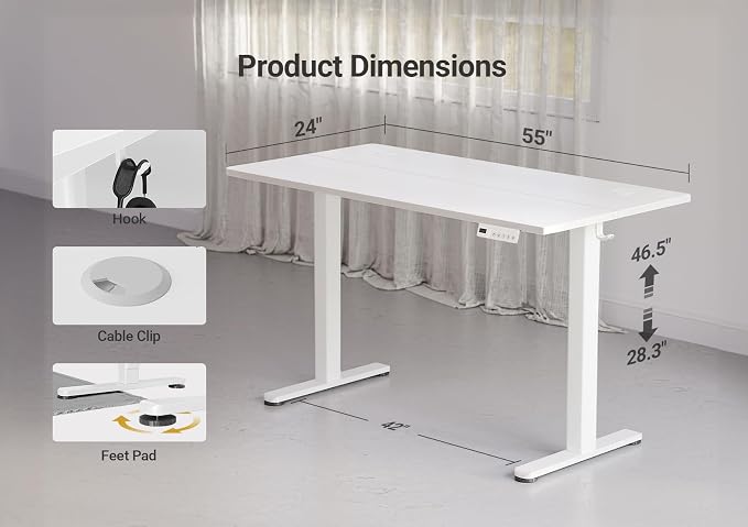 YDN 55 x 24 Inch White Electric Standing Desk | Adjustable Height, Sit Stand, Cable Management, Ergonomic, Home Office - Image 3
