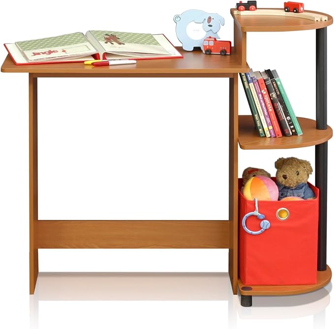 Furinno Compact Computer Desk with Shelves, Round Side, Light Cherry/Black - Image 5