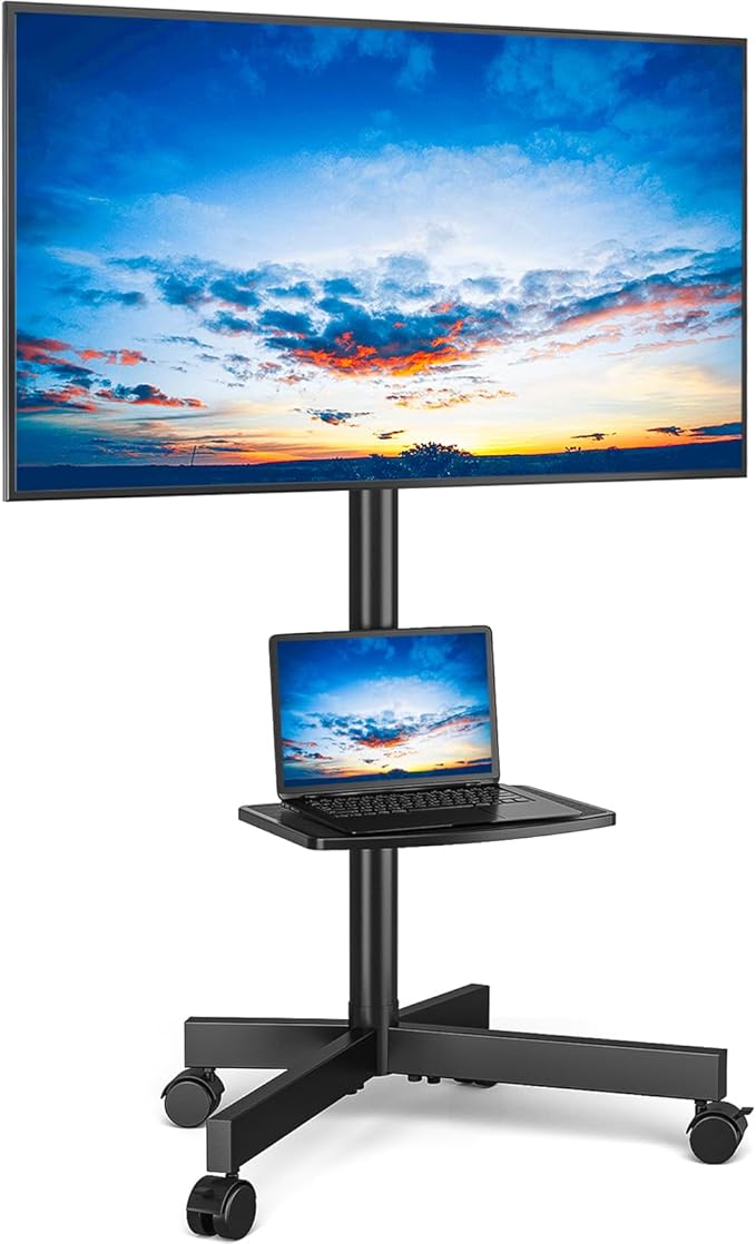 Rfiver Mobile TV Stand for 23-65 Inch LCD LED Flat/Curved Panel Screen TVs up to 88 lbs, Rolling TV Stand with Adjustable Shelf & Tilt, Portable Floor Stand on Wheels for Bedroom, Living Room, Office by Rfiver