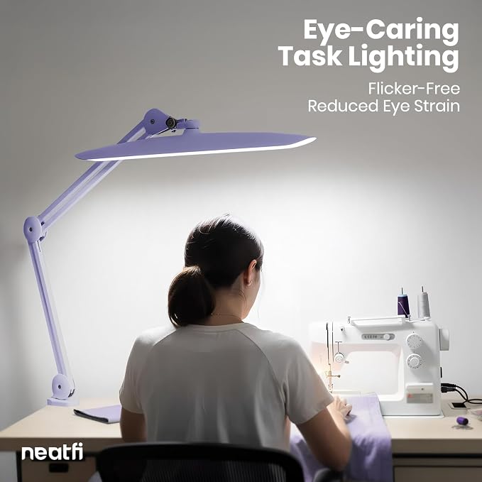 Neatfi XL 2200 Lumens 24W LED Desk Lamp – Shadow-Free Task Lighting | 4-Level Dimming | Home Office & Crafts Use | 20-Inch Wide Head (Lavender, Non-CCT with Clamp) - Image 3