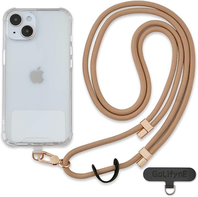 Universal Phone Lanyard, Anti-Theft Crossbody Strap for iPhone 17 Pro Max and Most Smartphones, Adjustable Cell Phone Neck Holder w/ 2 Non-Adhesive Tether Tabs for Men and Women, Apricot/Gold by Golifyne